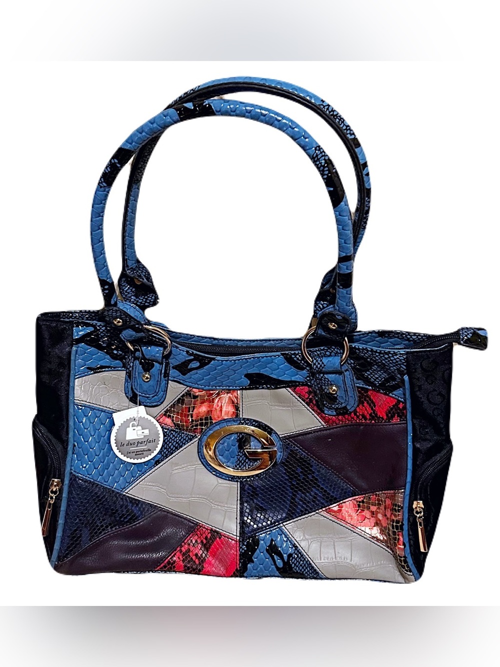 🆕 Designer Patchwork Tote Bag in Blue, Red & Gray